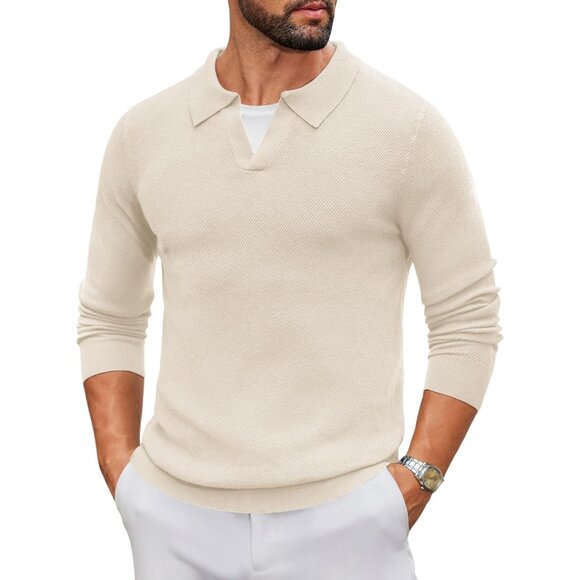 Men's Knit Polo Long Sleeve V-Neck Pullover Sweaters Collared Knitted Beige - Picture 1 of 6